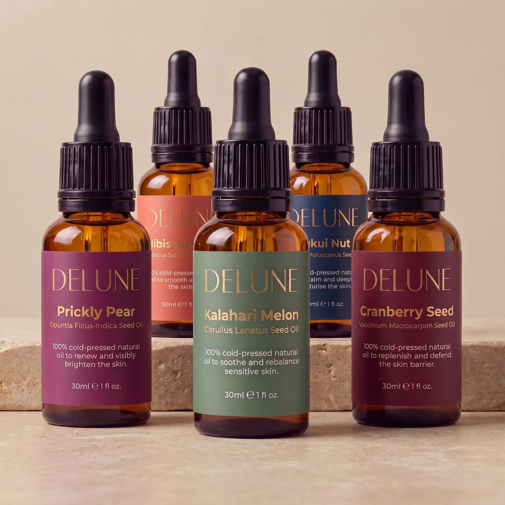 Delune rare seed oils, five gold-label bottles
