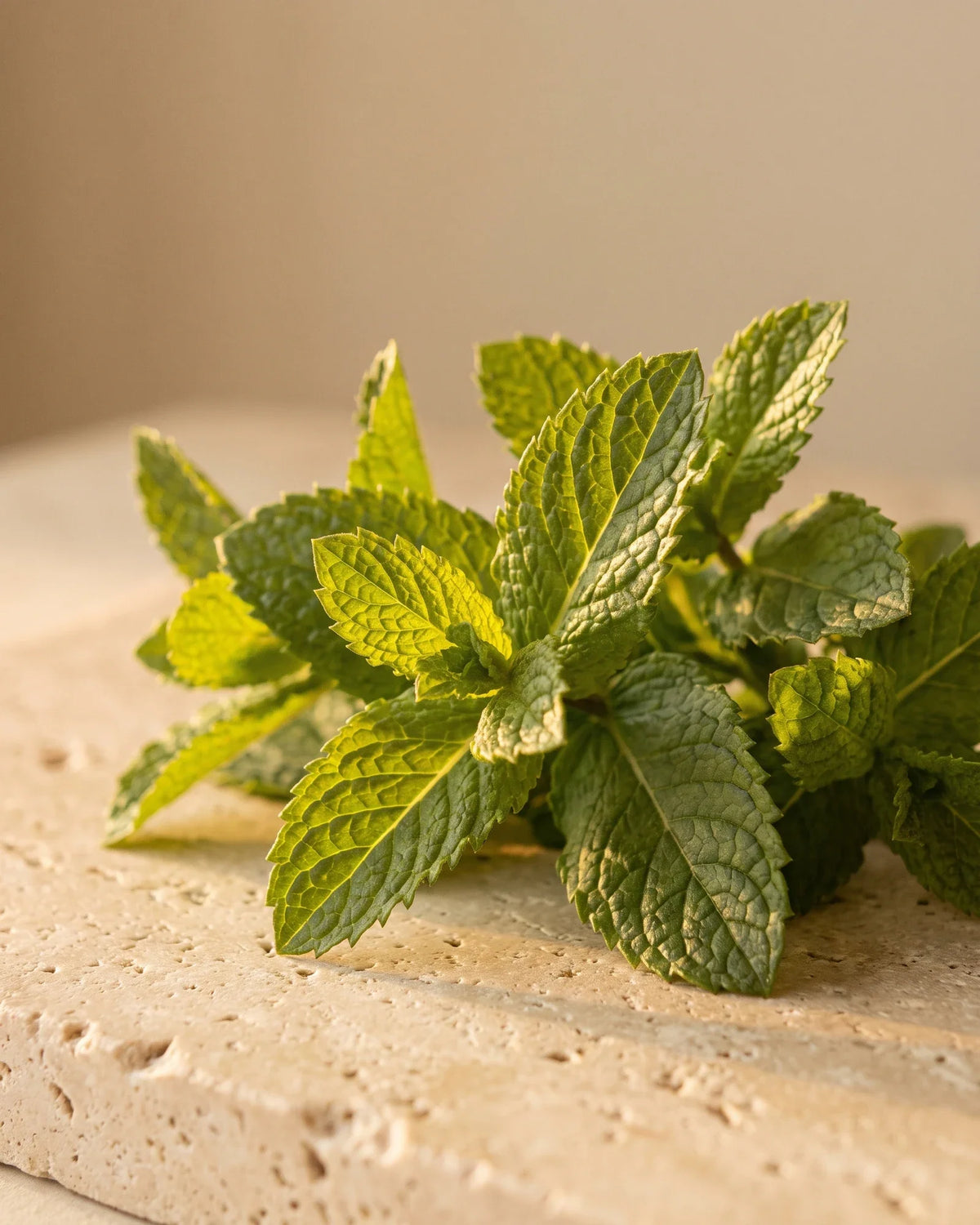 Fresh serrated spearmint leaves backlit by warm sunlight — the sweet, cool minty scent of Delune Spearmint Pure Essential Oil