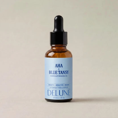 Delune AHA + Blue Tansy Overnight Renewal Oil studio packshot