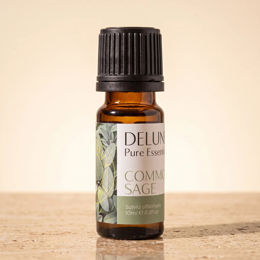 Delune Common Sage Pure Essential Oil, 10ml amber glass bottle on warm travertine stone