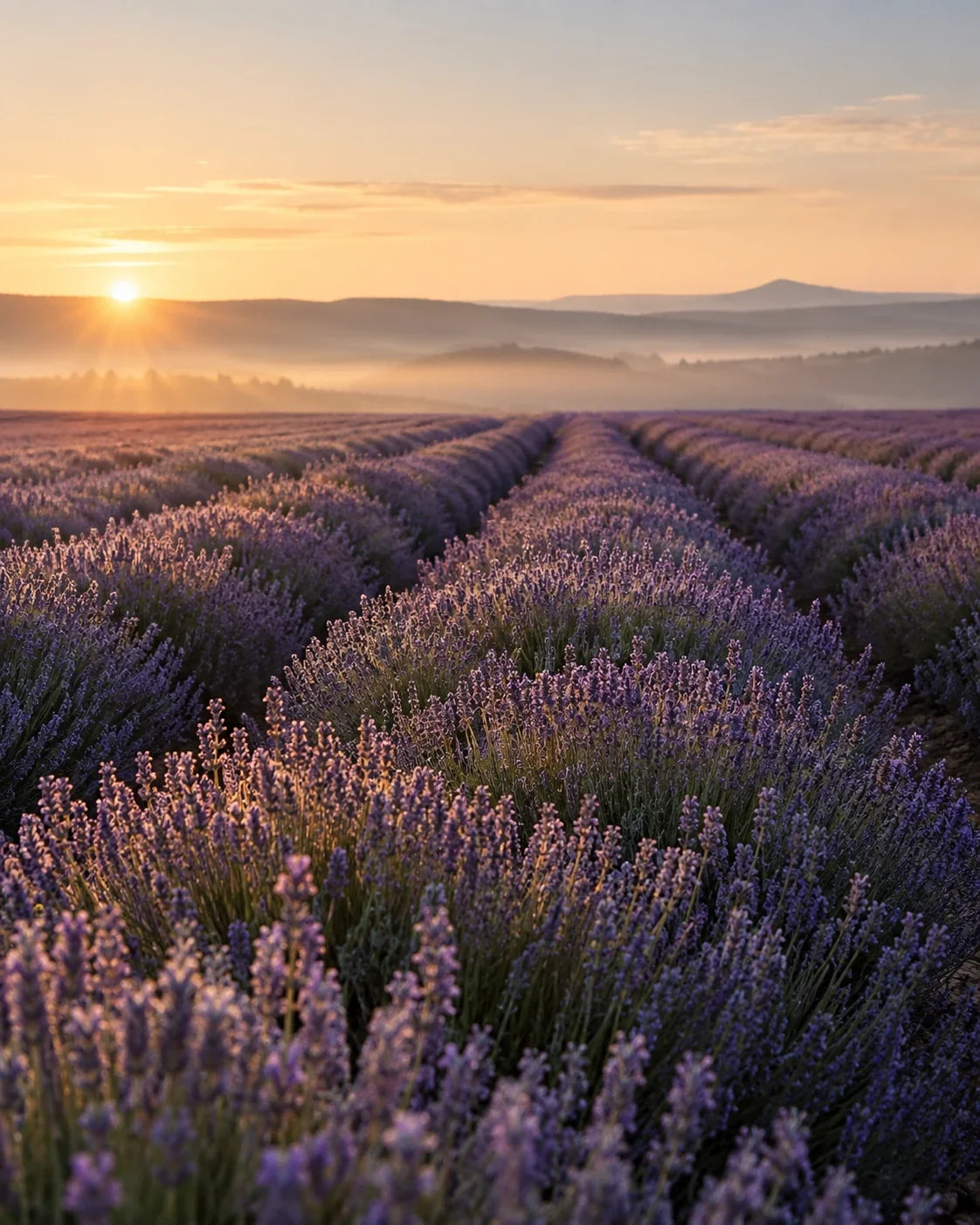 Lavender field at sunrise, where Delune organic essential oils begin