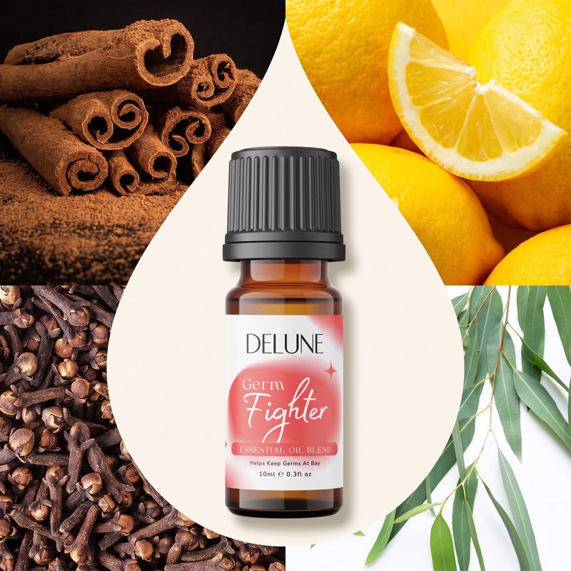 Delune Germ Fighter Essential Oil Blend surrounded by its ingredients: cinnamon, lemon, clove and eucalyptus