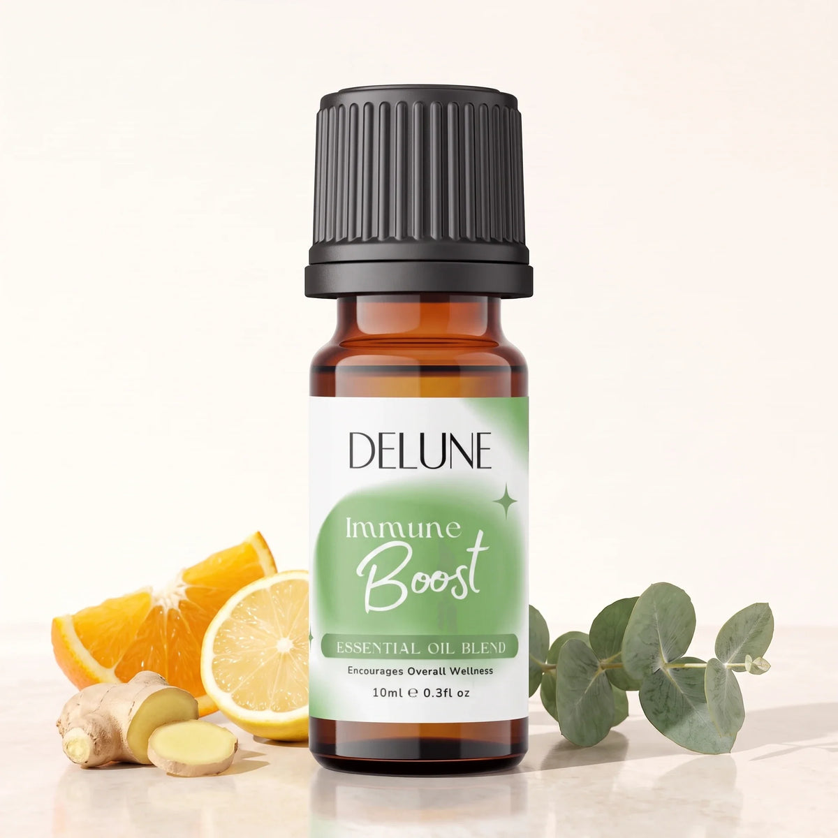 Delune Immune Boost Essential Oil Blend 10ml amber glass bottle with fresh orange, lemon, ginger root and eucalyptus
