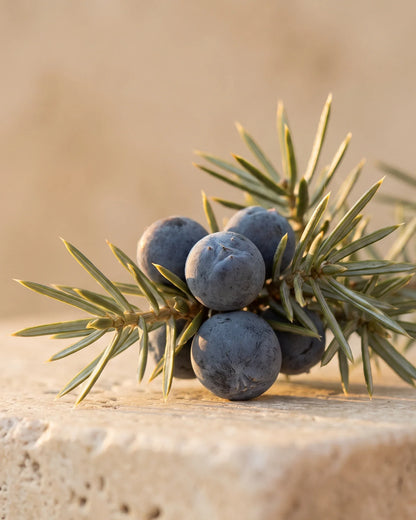Dusky blue juniper berries on a sprig of juniper needles in warm light — the crisp, clean scent of Delune Juniper Berry Pure Essential Oil
